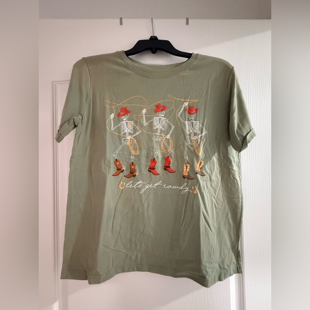Awake Green Tee with Skeleton Cowboy Print